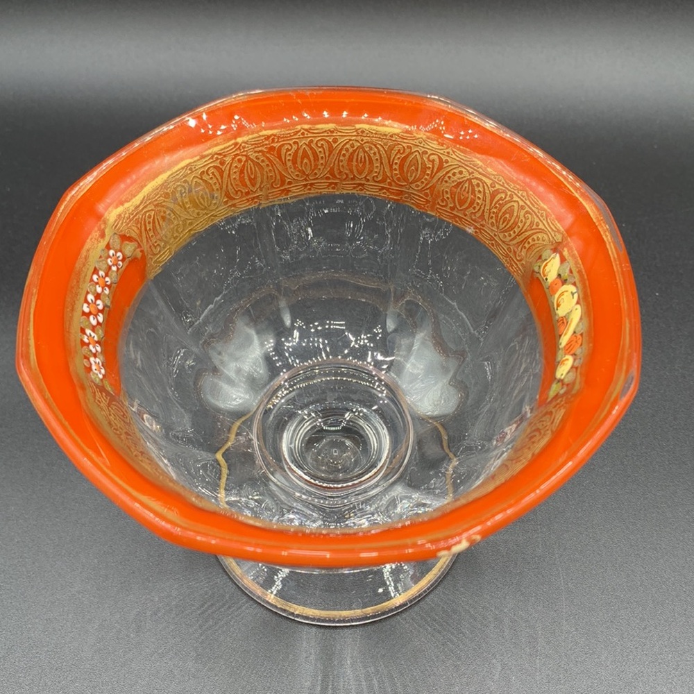 Antique Hand Painted Art Nouveau Fruit Daisy Orange Gold Lace Band Glass Compote